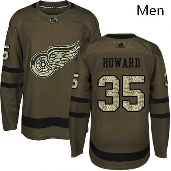 Mens Adidas Detroit Red Wings 35 Jimmy Howard Authentic Green Salute to Service NHL Jersey